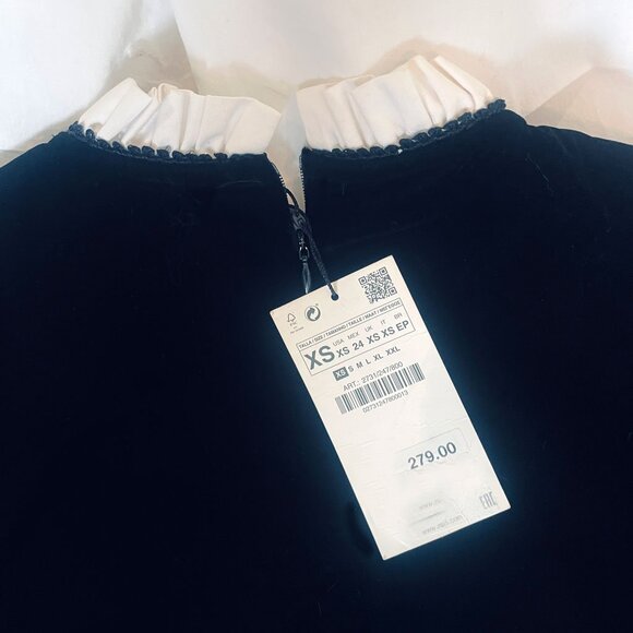 Zara Woman Black Velvet White Bib Ruffle with Jewel Buttons Cocktail Dress - Picture 5 of 10